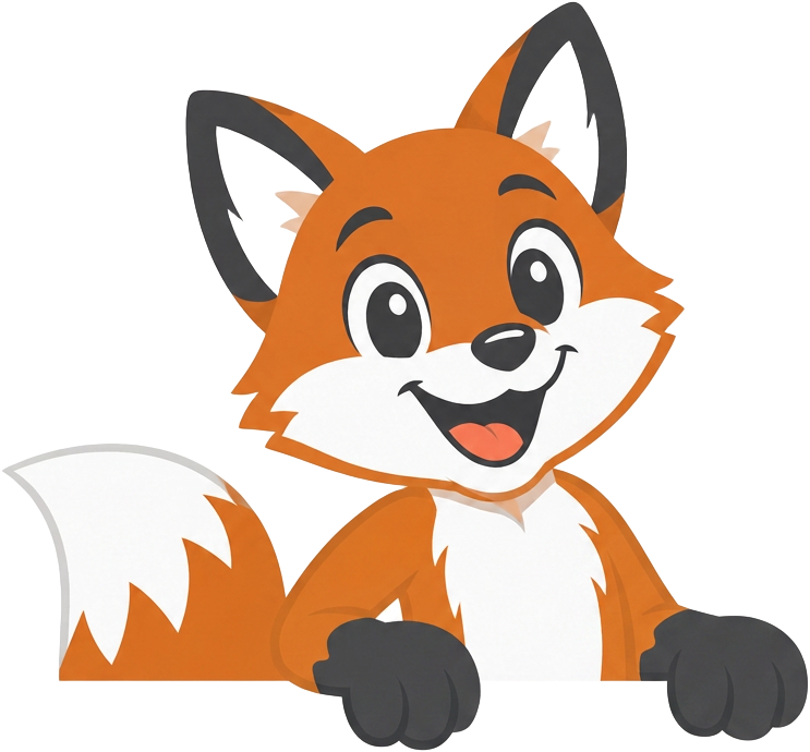 Lumos happy fox mascot resting its paws on the card